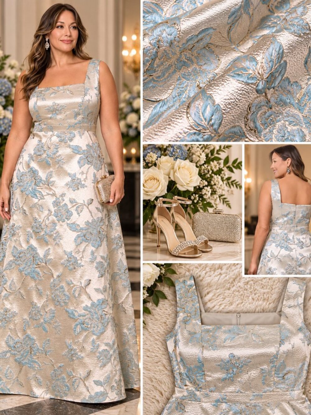XSCAPE Plus Sage Gold Floral Square Neck Formal Gown 14W NWT